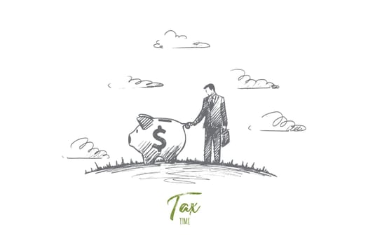 Tax time concept. Hand drawn the man who has to pay the tax. Businessman and piggy bank isolated vector illustration.