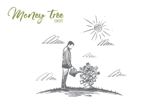 Money tree. Hand drawn growing money tree. A man watering money tree isolated vector illustration.