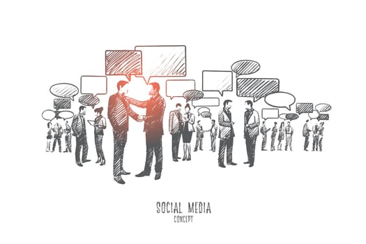 Social media concept. Hand drawn group of people communicate through internet. Diversity people connected with the help of digital devices isolated vector illustration.
