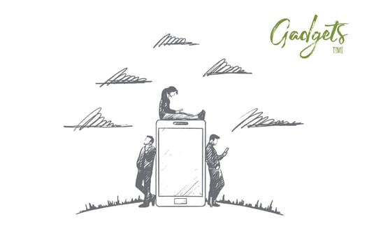 Gadgets time concept. Hand drawn people with gadgets. Men and women using smartphone and tablet. People browsing internet isolated vector illustration.