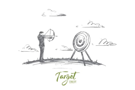 Target concept. Hand drawn man holding target with a dart in the center. Concept of objective attainment isolated vector illustration.