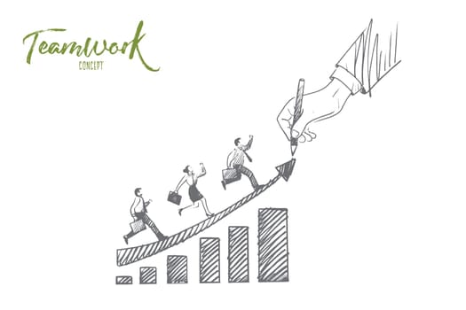 Teamwork concept. Hand drawn men and women moving up. People working together isolated vector illustration.