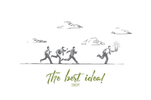 The best idea concept. Hand drawn people running with luminous light bulb. Businessman makes a great solution isolated vector illustration.