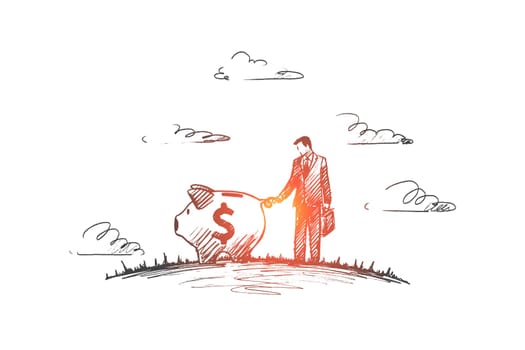 Tax time concept. Hand drawn the man who has to pay the tax. Businessman and piggy bank isolated vector illustration.