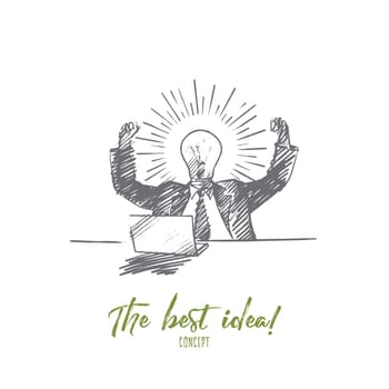Vector hand drawn The best idea concept sketch. Bisinessman sitting at desk with laptop and rejoicing at great idea in his mind