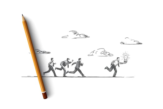 The best idea concept. Hand drawn people running with luminous light bulb. Businessman makes a great solution isolated vector illustration.