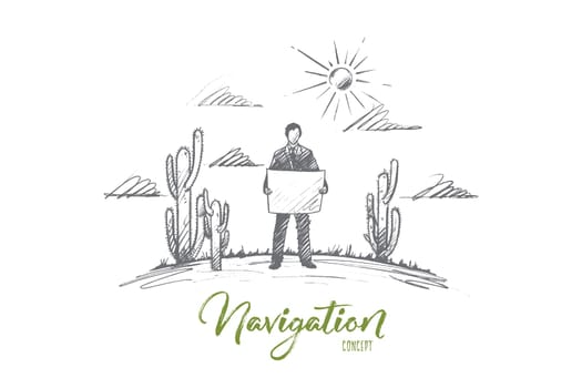 Navigation concept. Hand drawn traveler exploring map. Man with map in desert with cactuses isolated vector illustration.