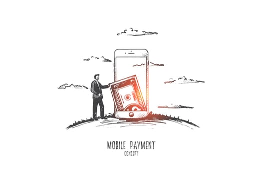 Mobile payment concept. Hand drawn mobile phone with dollar. Man buying with smartphone isolated vector illustration.