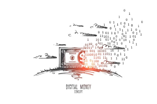 Digital money concept. Hand drawn symbol of virtual money. Banknote dollar became digital money isolated vector illustration.