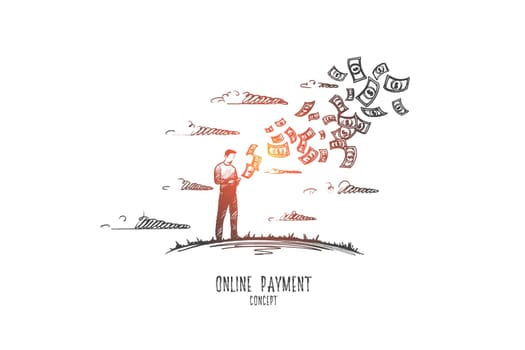 Online payment concept. Hand drawn man paying bills through the internet. Person holding smartphone and making payment isolated vector illustration.