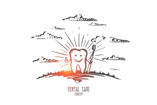 Dental care concept. Hand drawn human teeth with happy smile. Tooth brush isolated vector illustration.