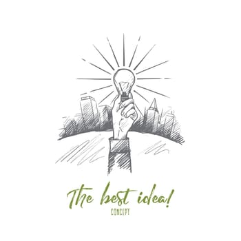 The best idea concept. Hand drawn hand with luminous light bulb. Bulb as a symbol of new idea isolated vector illustration.