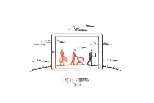 Online shopping concept. Hand drawn people buying goods in internet. Online shopping with modern device isolated vector illustration.