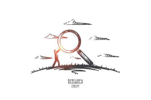 Research concept. Hand drawn man with magnifier as symbol of researching. Male scientist isolated vector illustration.