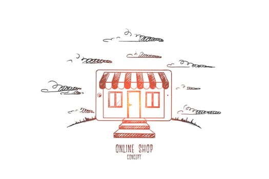 Online shop concept. Hand drawn shop on tablet screen. Online shopping with modern device isolated vector illustration.