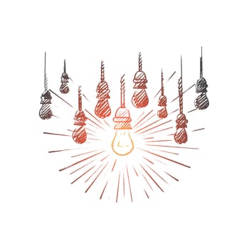 The best idea concept. Hand drawn lamps, one of them is shining. Luminous lamp the symbol of idea or solution isolated vector illustration.