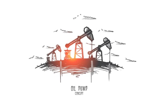 Oil pump concept. Hand drawn oil pumps in process of work. Oil industry equipment isolated vector illustration.