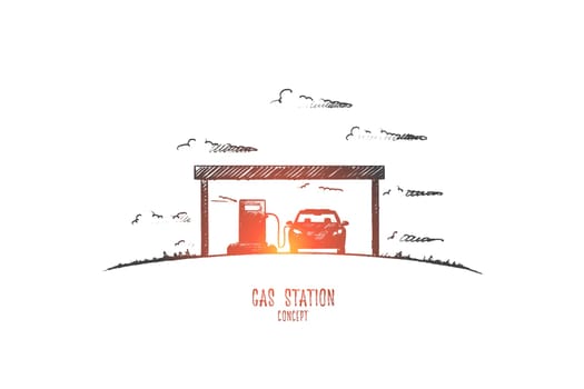 Gas station concept. Hand drawn car in gas station. Pumping gasoline fuel in car at gas station isolated vector illustration.