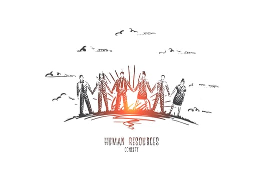 Human resources concept. Hand drawn male and female persons holding hands. People employees isolated vector illustration.