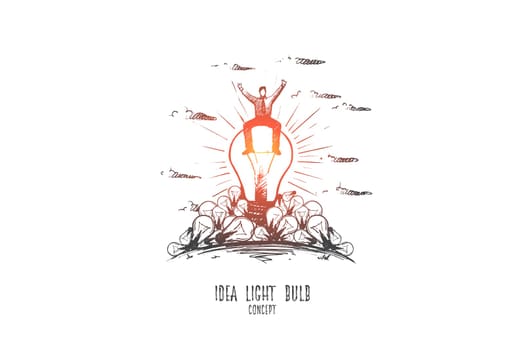 Idea light bulb concept. Hand drawn businessman sitting on light bulb. Happy person solved problem isolated vector illustration.