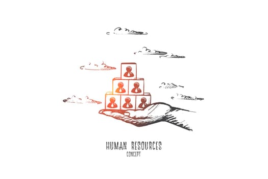 Human resources concept. Hand drawn cubes with a symbolic image of people on hand. Team of employees isolated vector illustration.