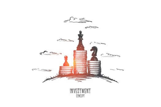 Investment concept. Hand drawn piles of coins with chessmen on them. Invest money isolated vector illustration.