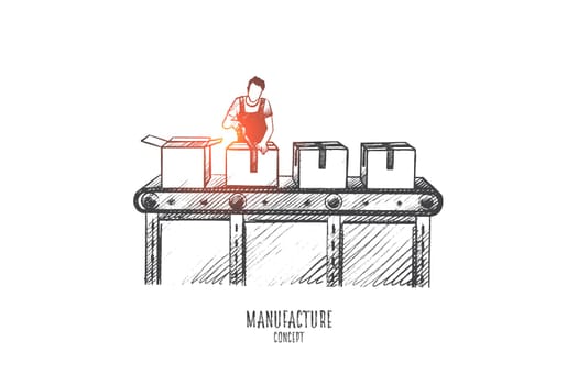 Manufacture concept. Hand drawn man working on factory line production. Worker near plant production line isolated vector illustration.