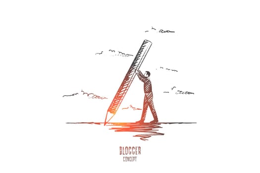 Blogger concept. Hand drawn man holding pencil. Male blogger writing isolated vector illustration.