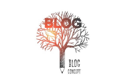 Blog concept. Hand drawn pencil like a tree. Pencil as a symbol of blog writing isolated vector illustration.