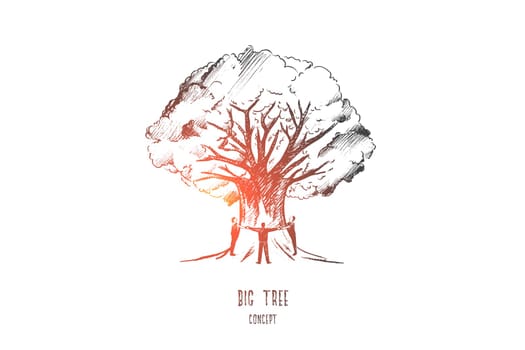 Big tree concept. Hand drawn people around big tree. Isolated vector illustration.