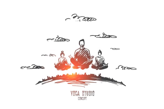 Yoga studio concept. Hand drawn people in a lotus pose. People practicing yoga isolated vector illustration.