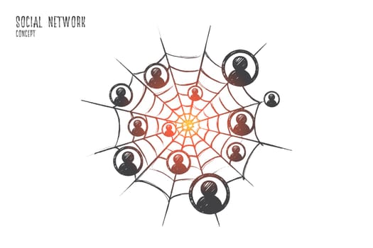 Social network concept. Hand drawn people icons in social network. Friends connected through internet isolated vector illustration.