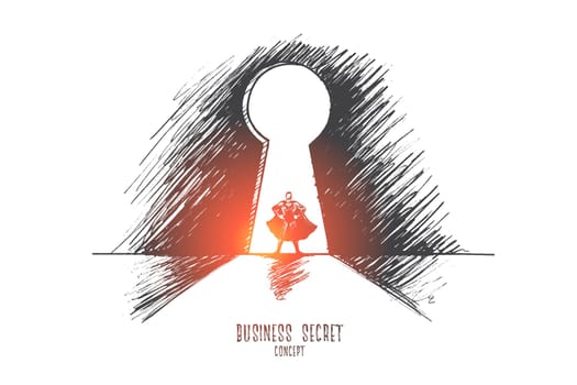 Business secret concept. Hand drawn superhero in keyhole. Successful businessman isolated vector illustration.