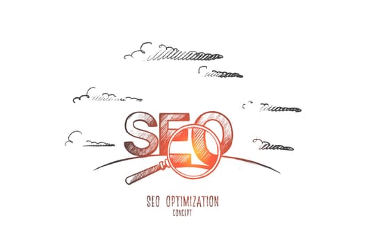 Seo optimization concept. Hand drawn search engine optimization letters. Text seo isolated vector illustration.