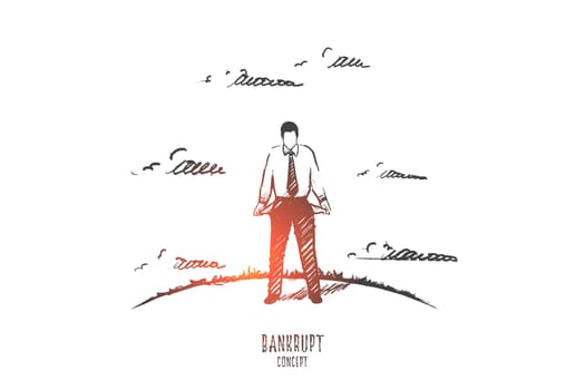 Bankrupt concept. Hand drawn man with empty pockets. Unemployed person isolated vector illustration.