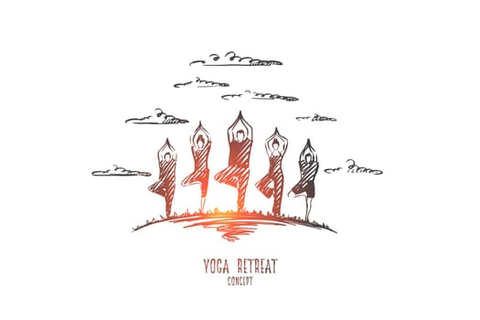 Yoga retreat concept. Hand drawn people doing yoga exercises outdoor. People practicing yoga isolated vector illustration.