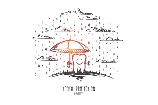 Tooth protection concept. Hand drawn happy tooth under umbrella. Teeth crying isolated vector illustration.