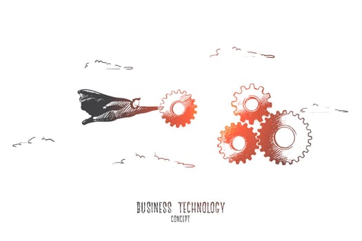 Business technology concept. Hand drawn superhero with gears. Technology of business process isolated vector illustration.