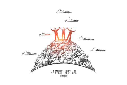 Harvest festival concept. Hand drawn happy people celebrating harvest festival. Persons on pile of vegetables isolated vector illustration.