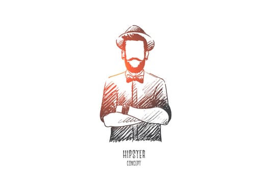 Hipster concept. Hand drawn man in hipster style. Male person with beard and hat isolated vector illustration.