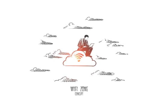 Wifi zone concept. Hand drawn man surfing internet through wi-fi. Person browsing isolated vector illustration.