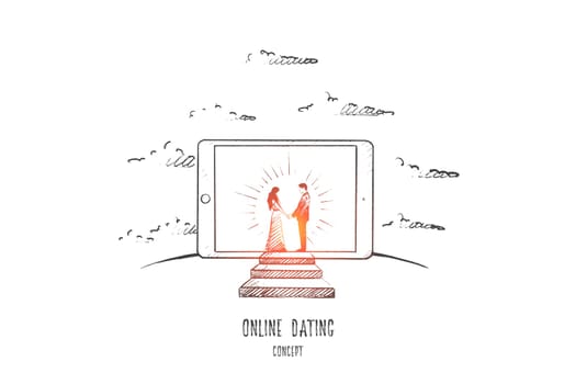 Online dating concept. Hand drawn man and woman in love. Dating in internet isolated vector illustration.