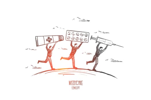 Medicine concept. Hand drawn people with pills and syringe. Persons running with medicine objects isolated vector illustration.