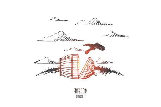 Freedom concept. Hand drawn bird escaping from the prison. Cell broken isolated vector illustration.