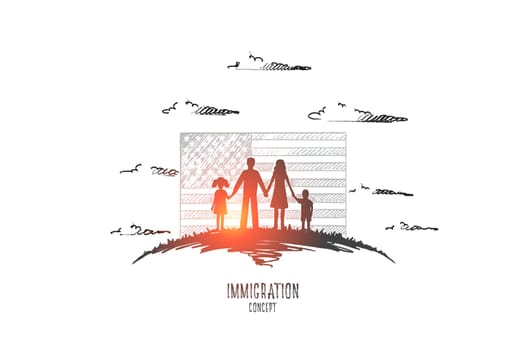 Immigration concept. Hand drawn family emigrates to united states. People in front of American flag isolated vector illustration.