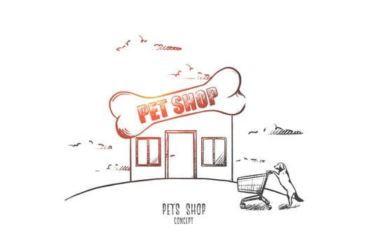 Pets shop concept. Hand drawn shop for animals. Dog with supermarket trolley isolated vector illustration.