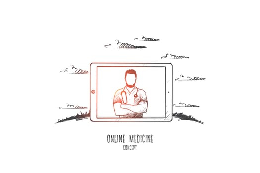 Online medicine concept. Hand drawn doctor with stethoscope on tablets monitor. Online diagnosis of the disease isolated vector illustration.