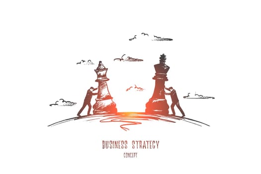 Business strategy concept. Hand drawn chess game as symbol of business. Businessmen moving chess figures isolated vector illustration.