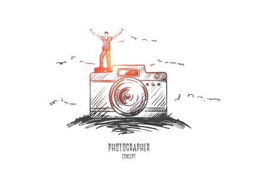 Photographer concept. Hand drawn male photographer standing on camera. Happy person with photo camera isolated vector illustration.