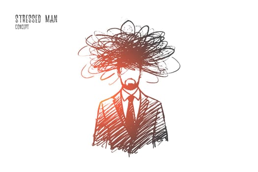 Stressed man concept. Hand drawn man in stress situation. Male person frustrated isolated vector illustration.